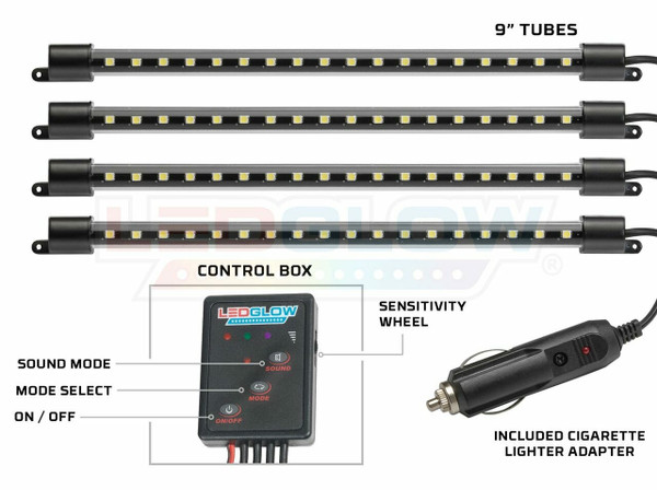 4pc White 9" Interior LED Tubes, Control Box & Pre-Wired Cigarette Lighter Adapter