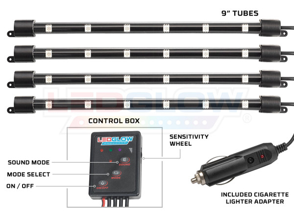 7 Color 4pc LED Interior Tubes, Control Box & Cigarette Lighter Adapter